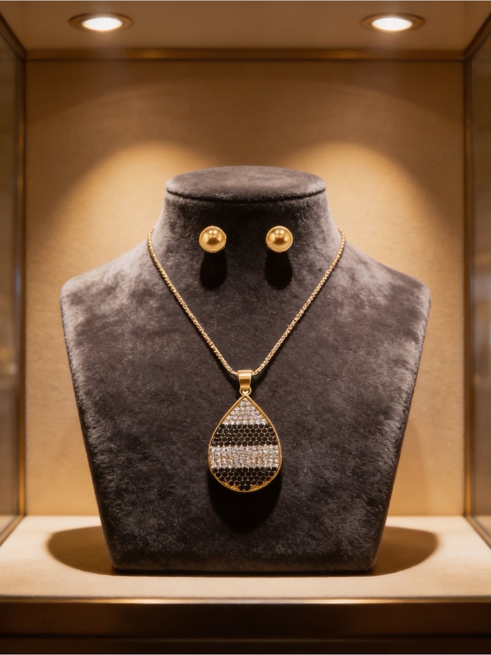 Black & Clear Crystal Stripe Teardrop Necklace & Gold Stud Earrings Set